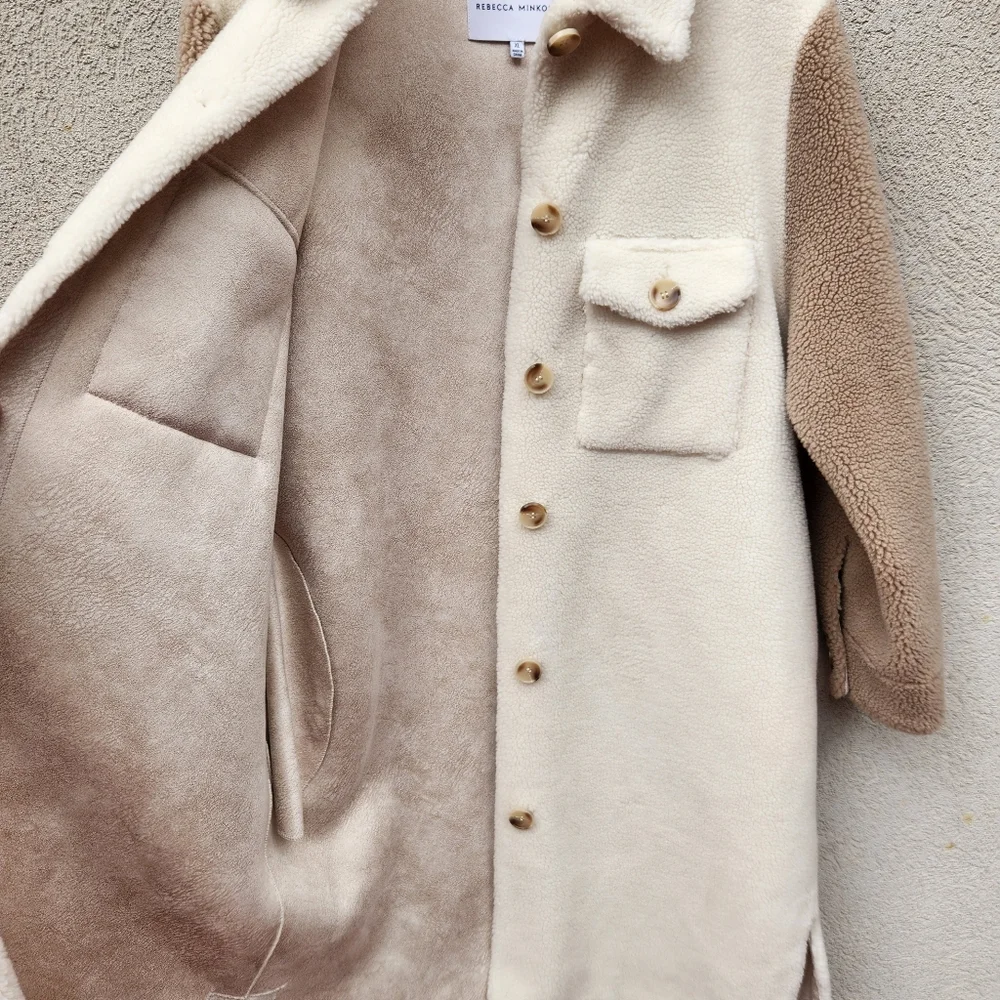 REBECCA MINKOFF Women's Teddy Sherpa Shirt Jacket Extra Large Cream Tan Faux Fur - Picture 6 of 11